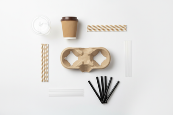 drinkware supplies with plastic cup and lid, brown coffee cup and lid, brown cup holder, paper straw, plastic straw, black boba straw