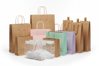 retail and boutique supplies with clear plastics bag, brown paper bag, colored paper bag, brown wine bag